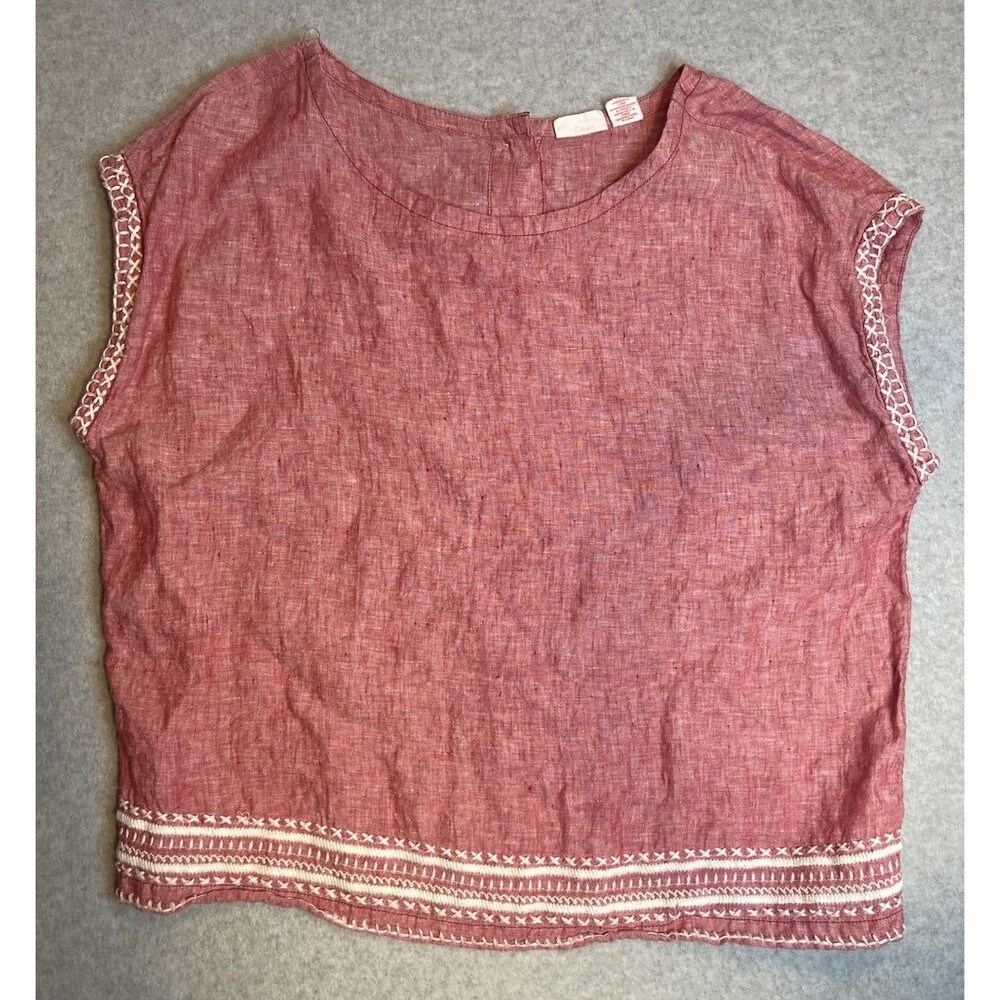 sigrid olsen 100% Linen Top Red Boho Embroidered Edge Back Buttons Boxy Coastal